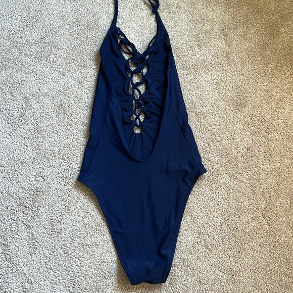 Aerie Maillot De Bain Navy Lace Up Deep Plunge Front One Piece Swimsuit   Size S - Picture 9 of 9